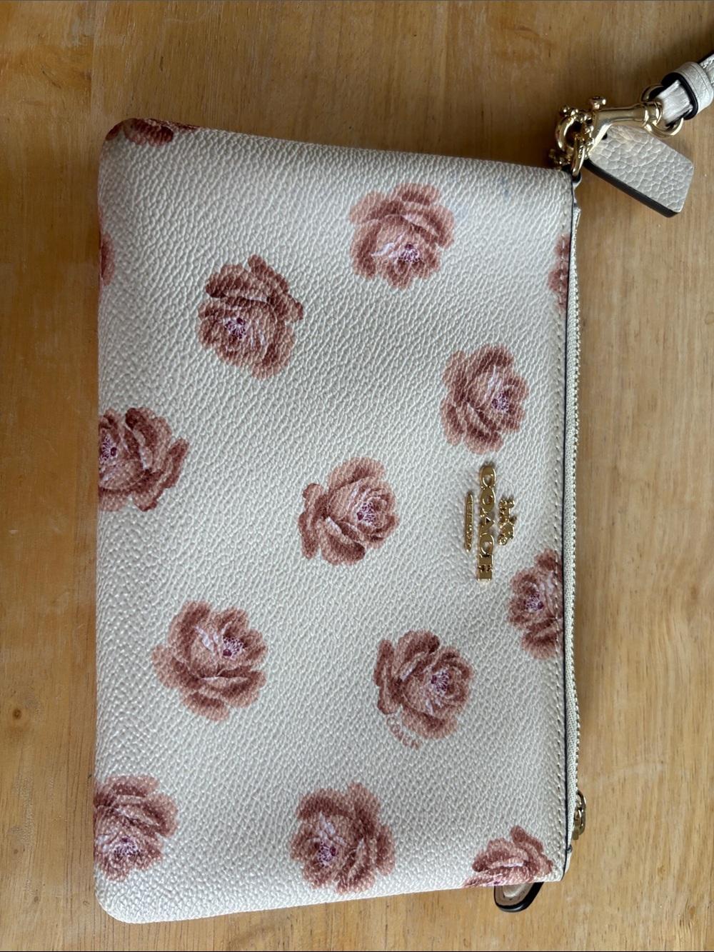 Coach Floral Leather Wristlet - White with Dusty Pink Roses